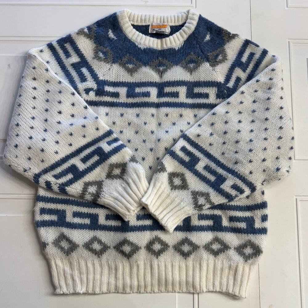 Catamount Trail VTG Womens Sz XL Acrylic Wool White Gray Blue Geometric Sweater - Picture 1 of 4